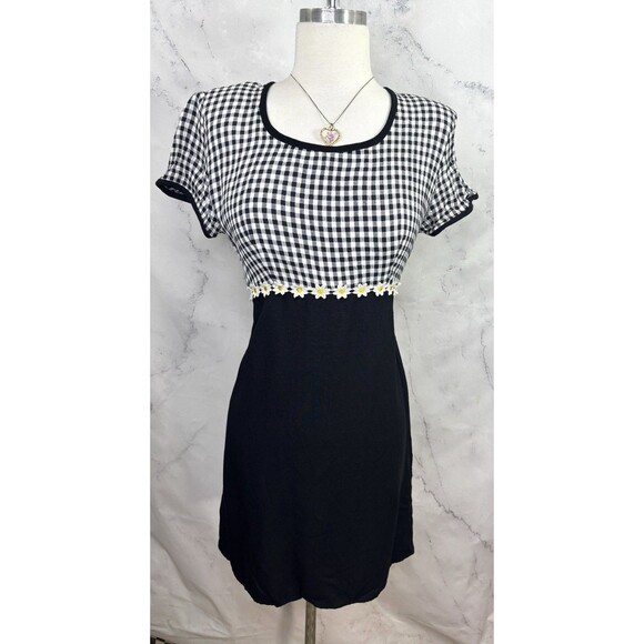 Vtg 90s ALL THAT JAZZ Gingham Babydoll Dress 9 M Black White Sunflower Grunge - Picture 5 of 14